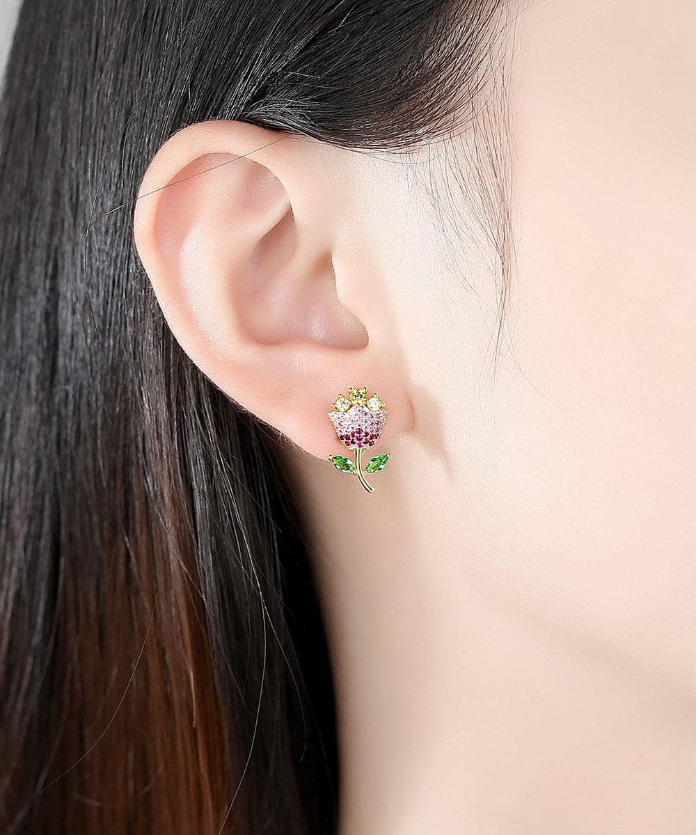 Fashion Multi Color Rose Zircon Copper Stud Earrings Jew-EAR220805