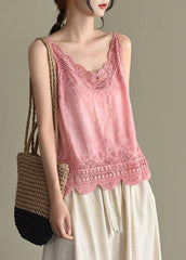 Fashion Pink Embroideried Lace Hollow Out Summer Cotton Vest Sleeveless GK-VTP210720