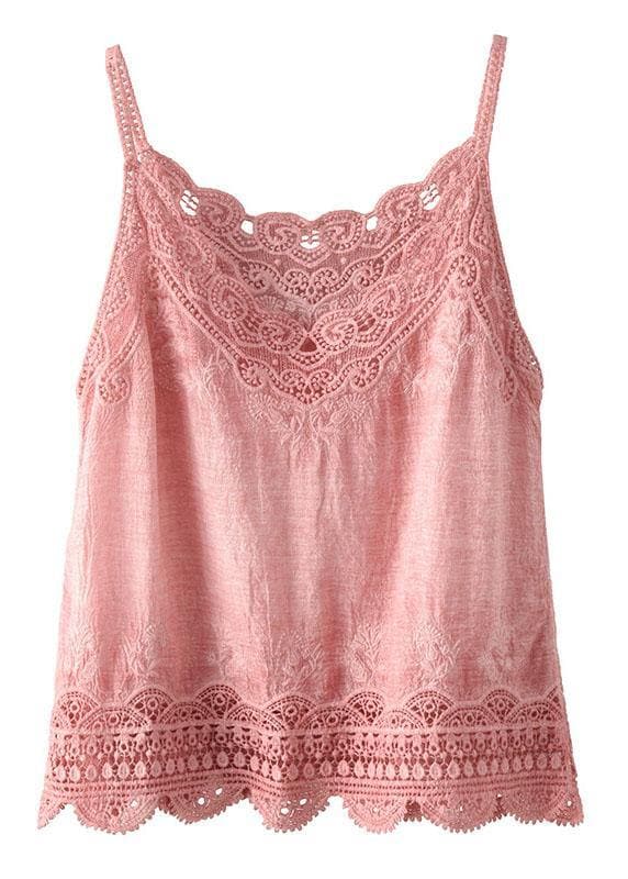 Fashion Pink Embroideried Lace Hollow Out Summer Cotton Vest Sleeveless GK-VTP210720