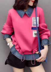 Fashion Pink drawstring Peter Pan Collar denim Patchwork Sweatshirts Top Spring WG-LTP220303