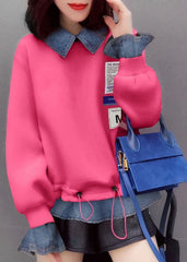 Fashion Pink drawstring Peter Pan Collar denim Patchwork Sweatshirts Top Spring WG-LTP220303