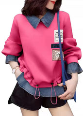 Fashion Pink drawstring Peter Pan Collar denim Patchwork Sweatshirts Top Spring WG-LTP220303