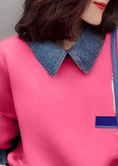 Fashion Pink drawstring Peter Pan Collar denim Patchwork Sweatshirts Top Spring WG-LTP220303