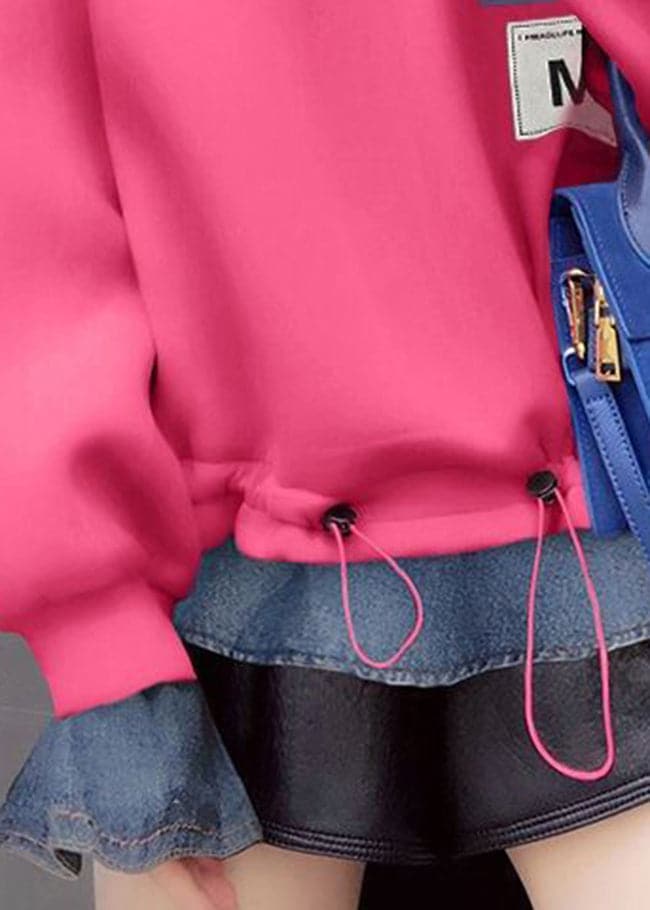 Fashion Pink drawstring Peter Pan Collar denim Patchwork Sweatshirts Top Spring WG-LTP220303