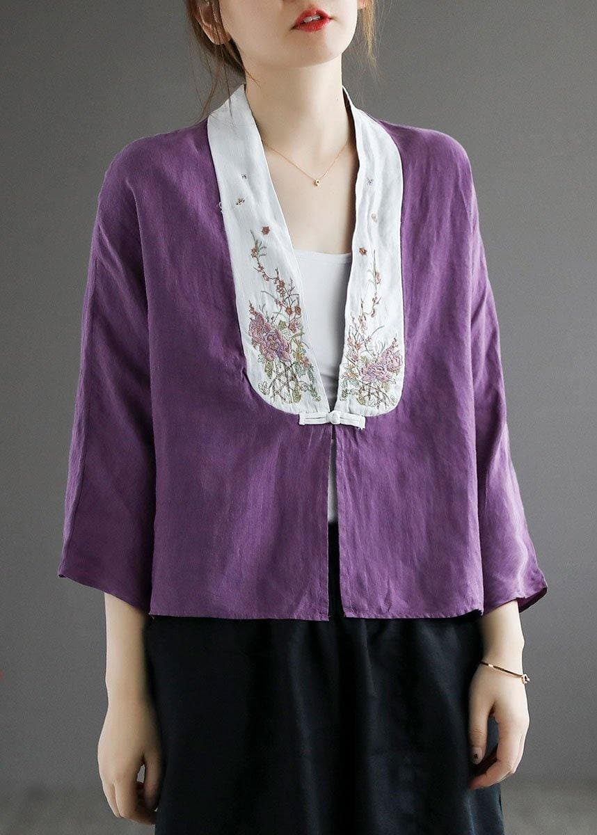 Fashion Purple Retro Embroideried Patchwork Summer Linen Blouse GK-HTP210708