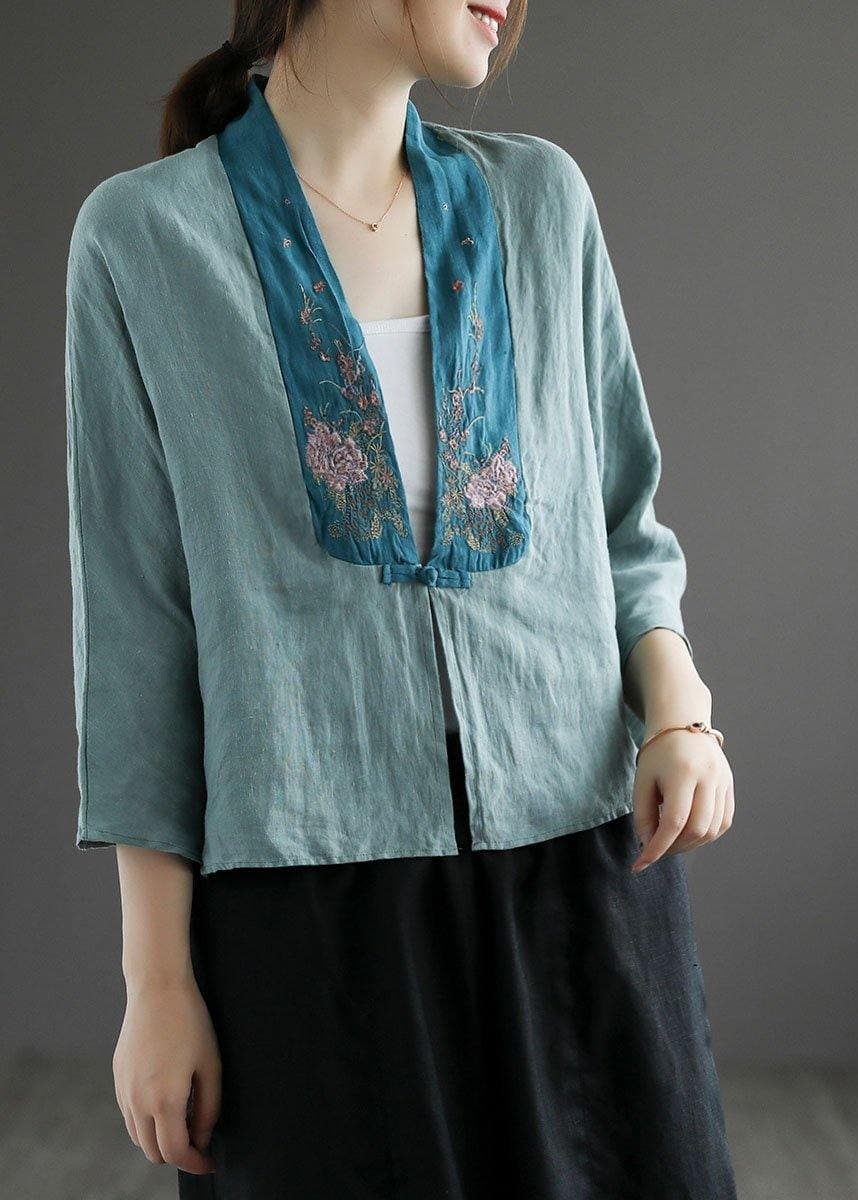 Fashion Purple Retro Embroideried Patchwork Summer Linen Blouse GK-HTP210708