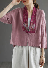 Fashion Purple Retro Embroideried Patchwork Summer Linen Blouse GK-HTP210708