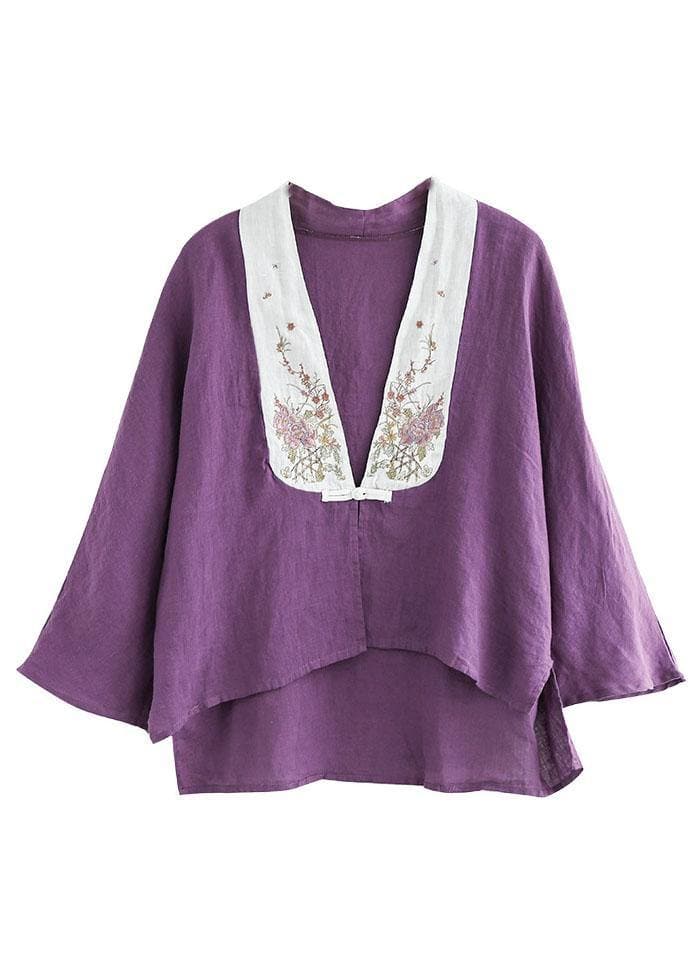 Fashion Purple Retro Embroideried Patchwork Summer Linen Blouse GK-HTP210708