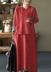 Fashion Red Oriental hooded Knit Fall Two Pieces Set GK-NTP211019