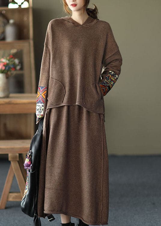 Fashion Red Oriental hooded Knit Fall Two Pieces Set GK-NTP211019
