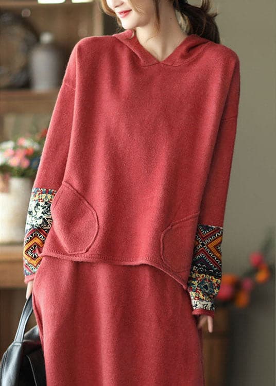 Fashion Red Oriental hooded Knit Fall Two Pieces Set GK-NTP211019