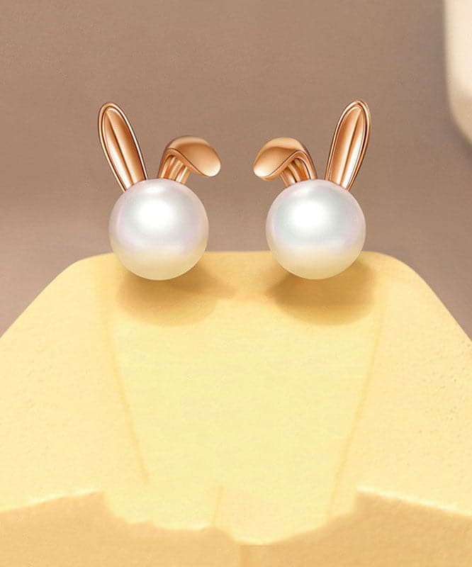 Fashion Rose Gold Rabbit Metal Pearl Stud Earrings Jew-EAR220805