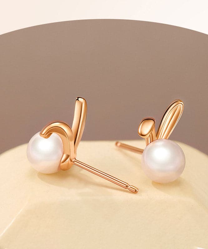 Fashion Rose Gold Rabbit Metal Pearl Stud Earrings Jew-EAR220805