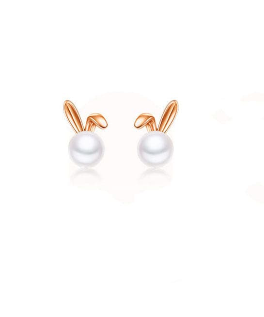 Fashion Rose Gold Rabbit Metal Pearl Stud Earrings Jew-EAR220805
