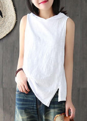 Fashion White Hooded Asymmetrical Design Summer Cotton Top Sleeveless GK-VTP210715