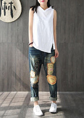 Fashion White Hooded Asymmetrical Design Summer Cotton Top Sleeveless GK-VTP210715