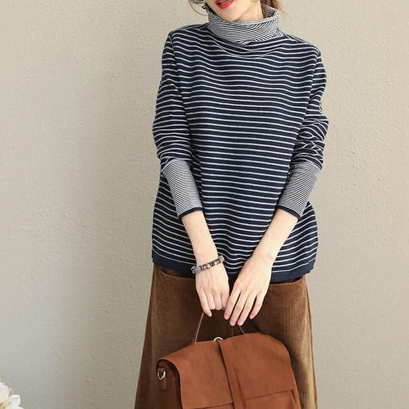 Fashion Women High Neck Striped Sweater Loose Tops LTP181127