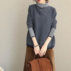 Fashion Women High Neck Striped Sweater Loose Tops LTP181127