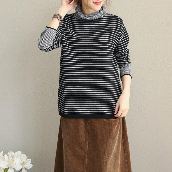 Fashion Women High Neck Striped Sweater Loose Tops LTP181127