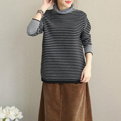 Fashion Women High Neck Striped Sweater Loose Tops LTP181127