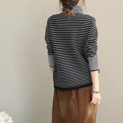 Fashion Women High Neck Striped Sweater Loose Tops LTP181127