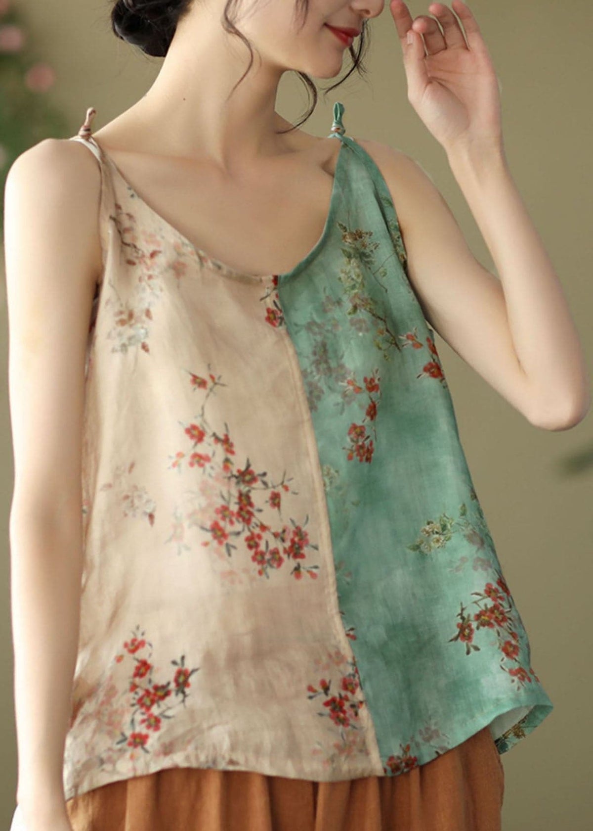 Fashion Yellow Green Print Linen Spaghetti Strap Top Summer GK-VTP220516