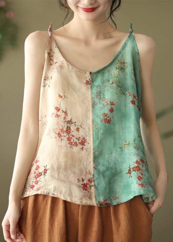 Fashion Yellow Green Print Linen Spaghetti Strap Top Summer GK-VTP220516