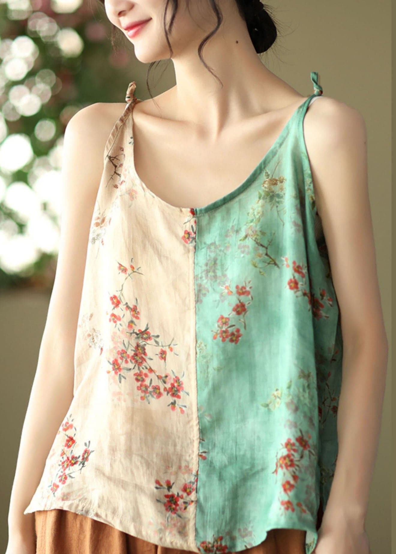 Fashion Yellow Green Print Linen Spaghetti Strap Top Summer GK-VTP220516