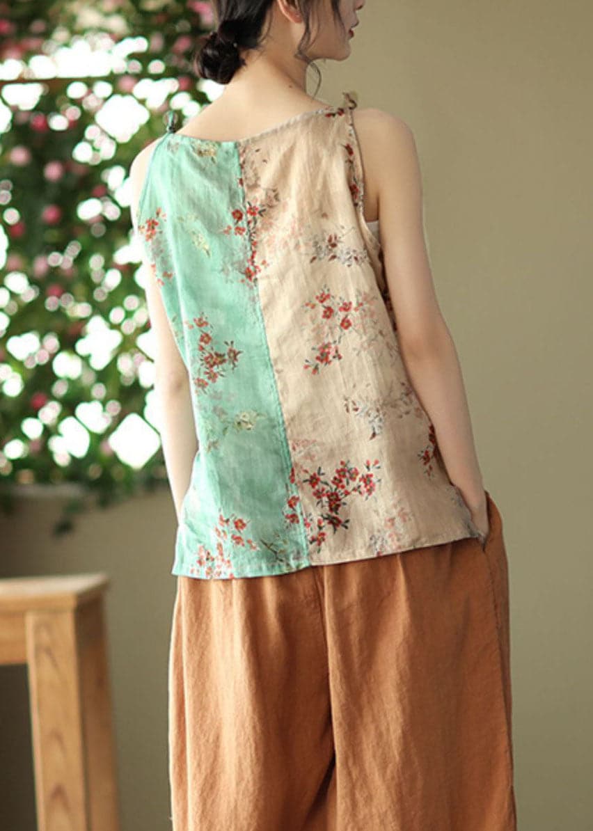Fashion Yellow Green Print Linen Spaghetti Strap Top Summer GK-VTP220516