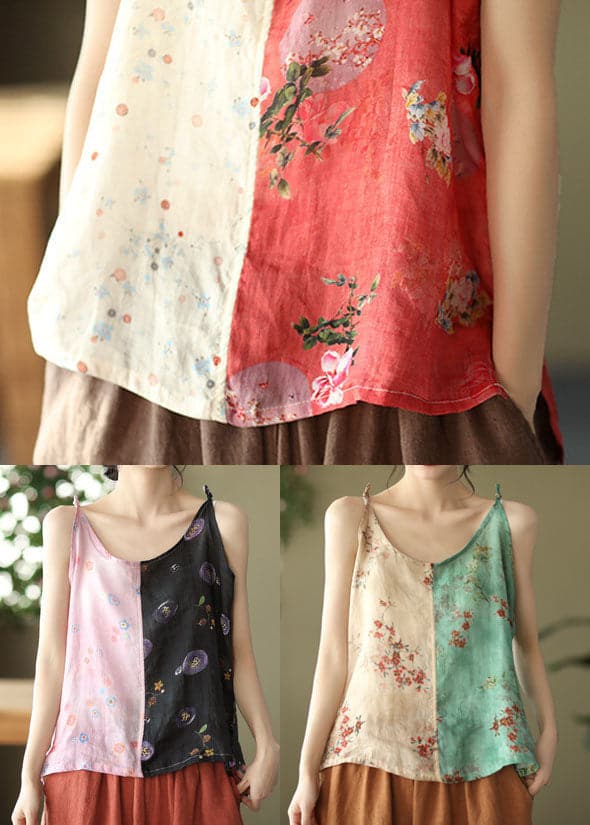Fashion Yellow Green Print Linen Spaghetti Strap Top Summer GK-VTP220516