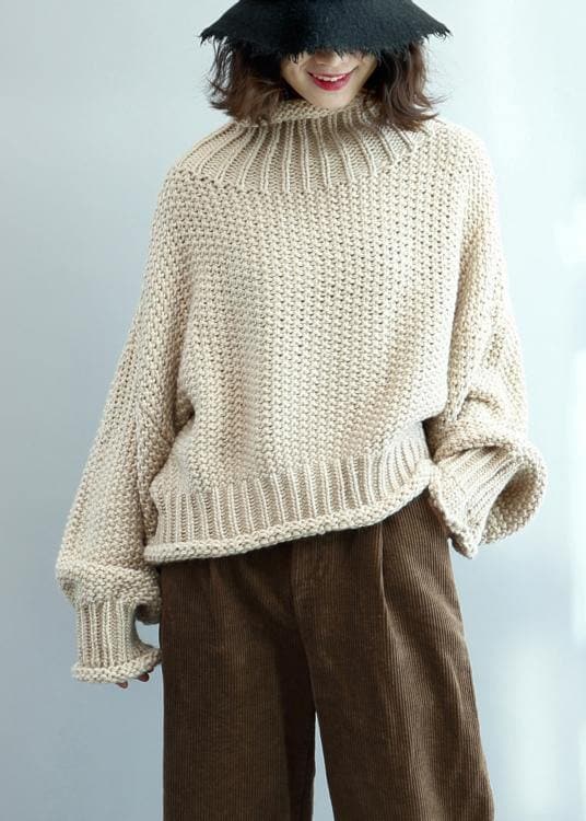 Fashion beige knit tops high neck lantern sleeve trendy plus size knit tops NTP201026