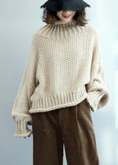 Fashion beige knit tops high neck lantern sleeve trendy plus size knit tops NTP201026
