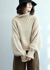 Fashion beige knit tops high neck lantern sleeve trendy plus size knit tops NTP201026