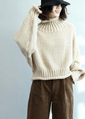 Fashion beige knit tops high neck lantern sleeve trendy plus size knit tops NTP201026