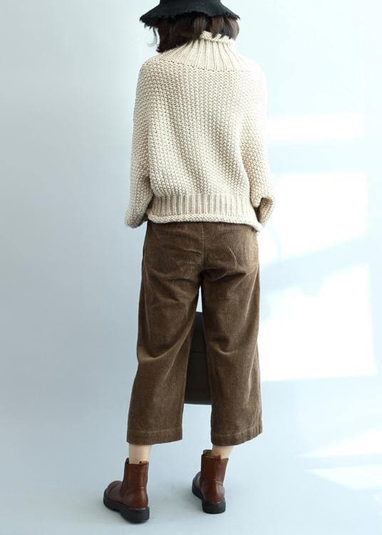 Fashion beige knit tops high neck lantern sleeve trendy plus size knit tops NTP201026
