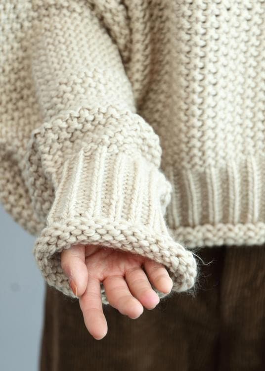 Fashion beige knit tops high neck lantern sleeve trendy plus size knit tops NTP201026