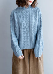 Fashion blue knit tops high neck Button Down plus size knit sweat tops NTP201026