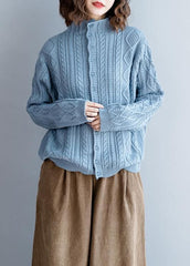 Fashion blue knit tops high neck Button Down plus size knit sweat tops NTP201026