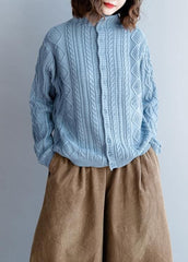 Fashion blue knit tops high neck Button Down plus size knit sweat tops NTP201026
