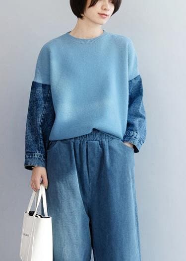 Fashion blue knitted pullover patchwork sleeve fashion o neck knit tops NTP191125