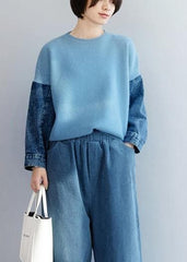 Fashion blue knitted pullover patchwork sleeve fashion o neck knit tops NTP191125