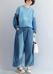 Fashion blue knitted pullover patchwork sleeve fashion o neck knit tops NTP191125