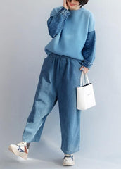 Fashion blue knitted pullover patchwork sleeve fashion o neck knit tops NTP191125