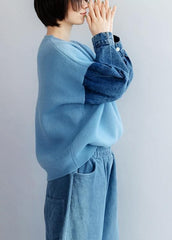 Fashion blue knitted pullover patchwork sleeve fashion o neck knit tops NTP191125