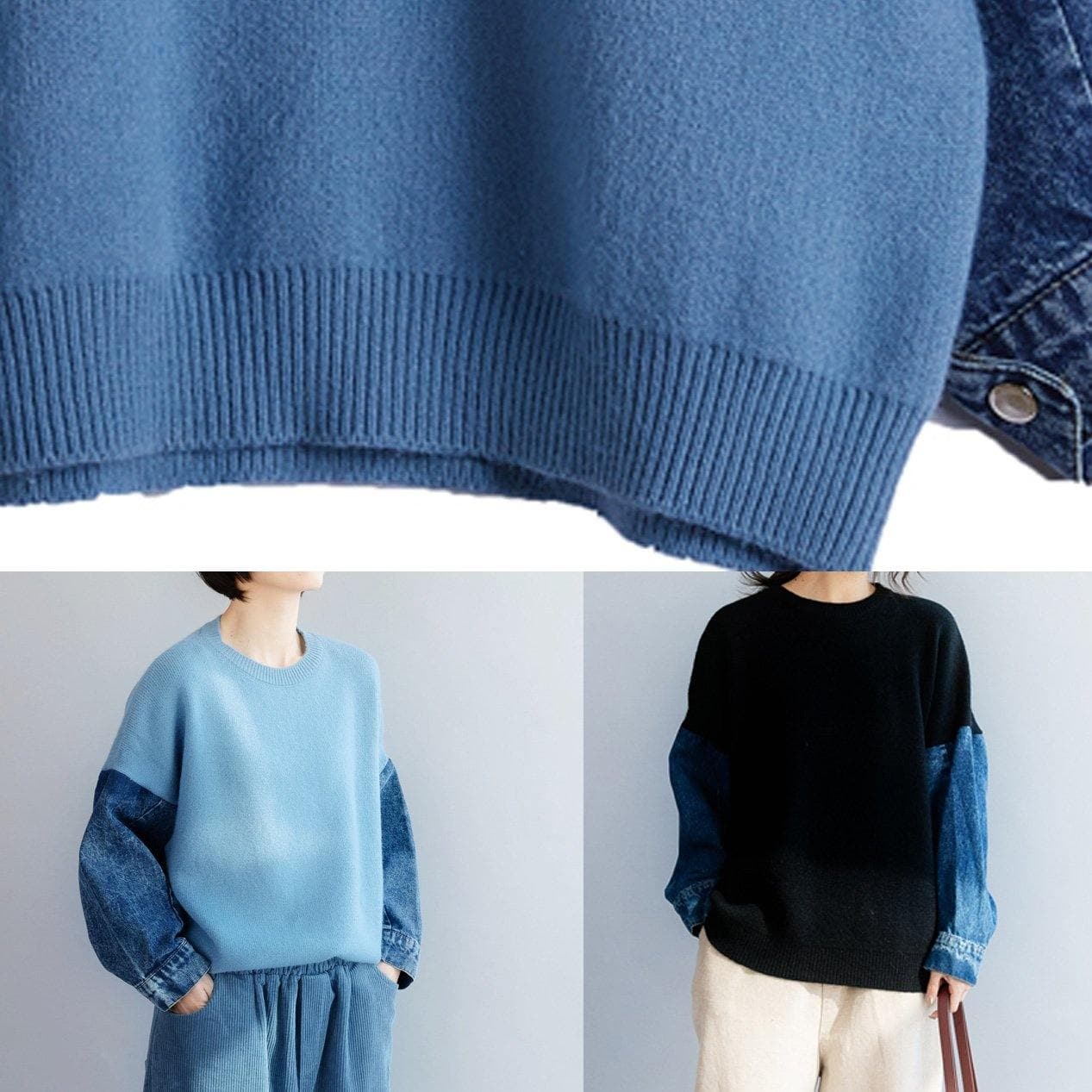 Fashion blue knitted pullover patchwork sleeve fashion o neck knit tops NTP191125