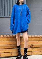 Fashion blue knitted pullover plus size clothing winter knit tops side open AT-NTP191101