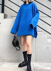 Fashion blue knitted pullover plus size clothing winter knit tops side open AT-NTP191101