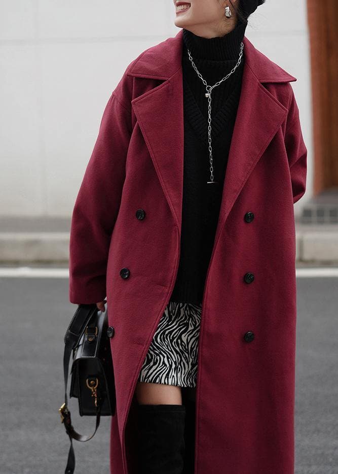 Fashion burgundy wool coat Loose fitting Notched double breast Coats outwear TCT201210