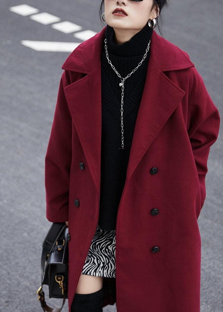 Fashion burgundy wool coat Loose fitting Notched double breast Coats outwear TCT201210