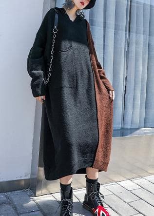 Fashion chocolate Sweater dress outfit Vintage hooded patchwork Art knit dresses AT-NSD201014